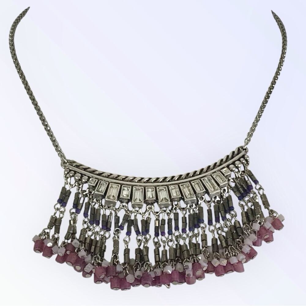 WHBM Silver & Pink Necklace Boho Fringe Bib Style White House Black Market